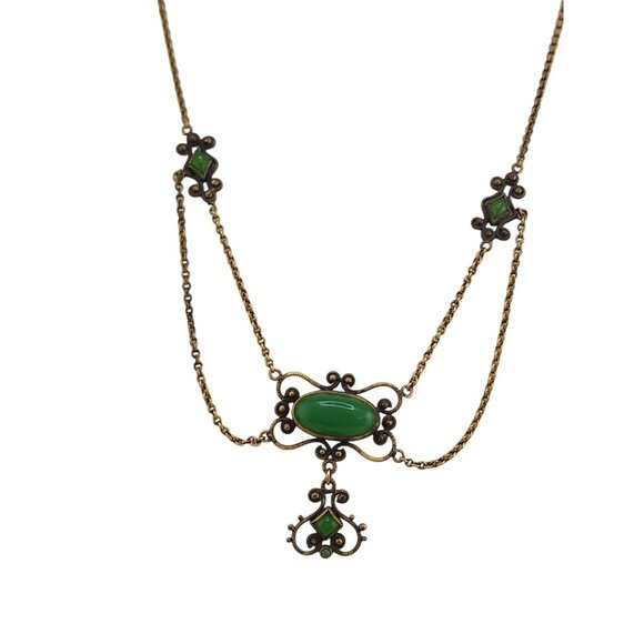 Antique Chrysoprase and Brass Lavalier Necklace (A5688) - Picture 3 of 7
